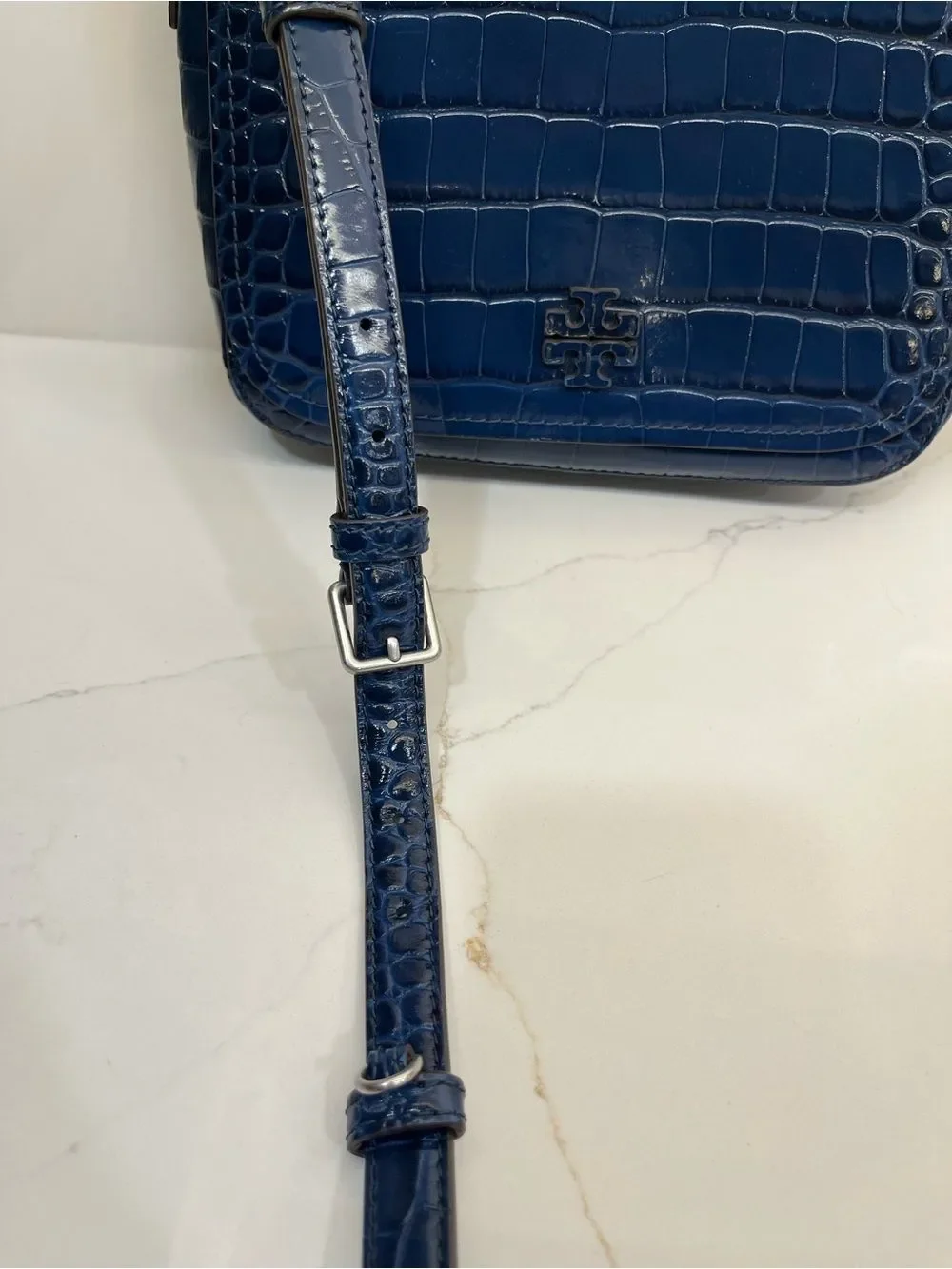 Tory Burch Thea Croc-Embossed Leather Flap Crossbody Bag Adjustable Straps